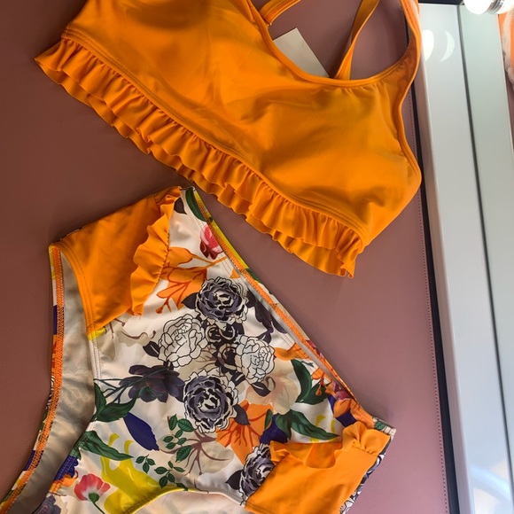 Orange Floral High Waisted 2 Piece Swimsuit - NWT - Picture 3 of 5